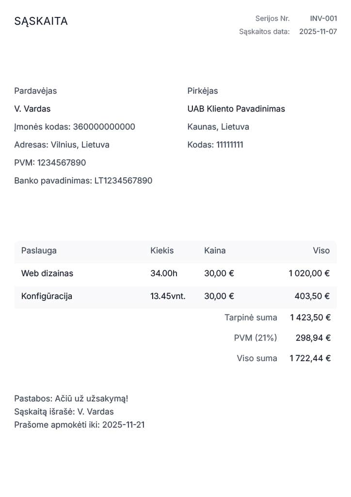Sąskaitos pavyzdys